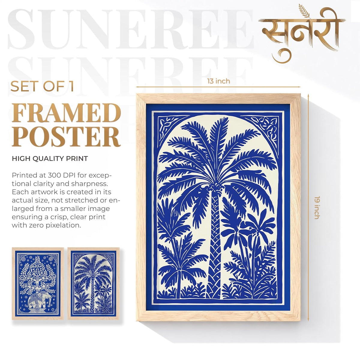 Blue White Elephant Tree of Life Wall Art Painting | Set of 2 Framed Paintings | Indian Folk Art Decor for Living Room Bedroom Home Office | (ART 10, 13x19 INCHES)