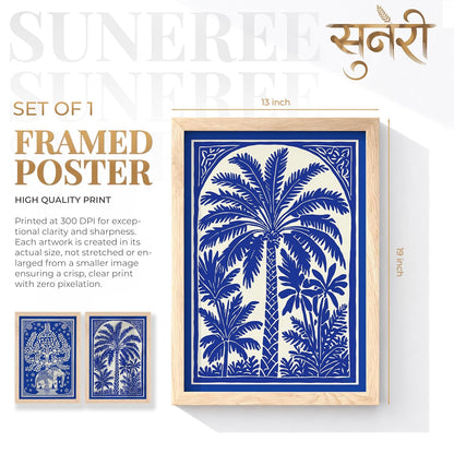 Blue White Elephant Tree of Life Wall Art Painting | Set of 2 Framed Paintings | Indian Folk Art Decor for Living Room Bedroom Home Office | (ART 10, 13x19 INCHES)