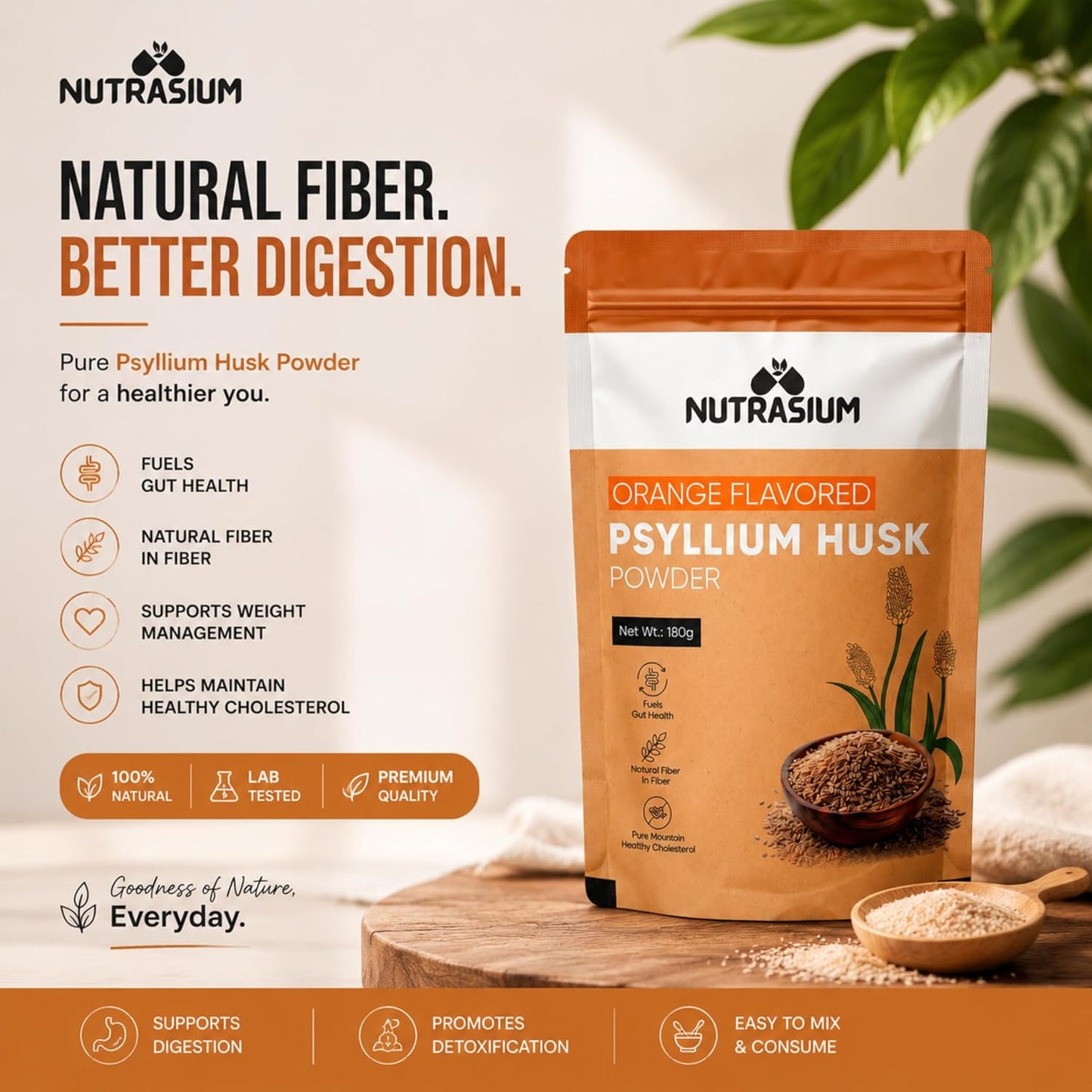 Nutrasium Psyllium Husk Powder | Isabgol Powder | Supports to Relieves Constipation | Rich Source Of Dietary Fiber Supplement For Digestion & Gut Health | 180 gram Orange Flavour