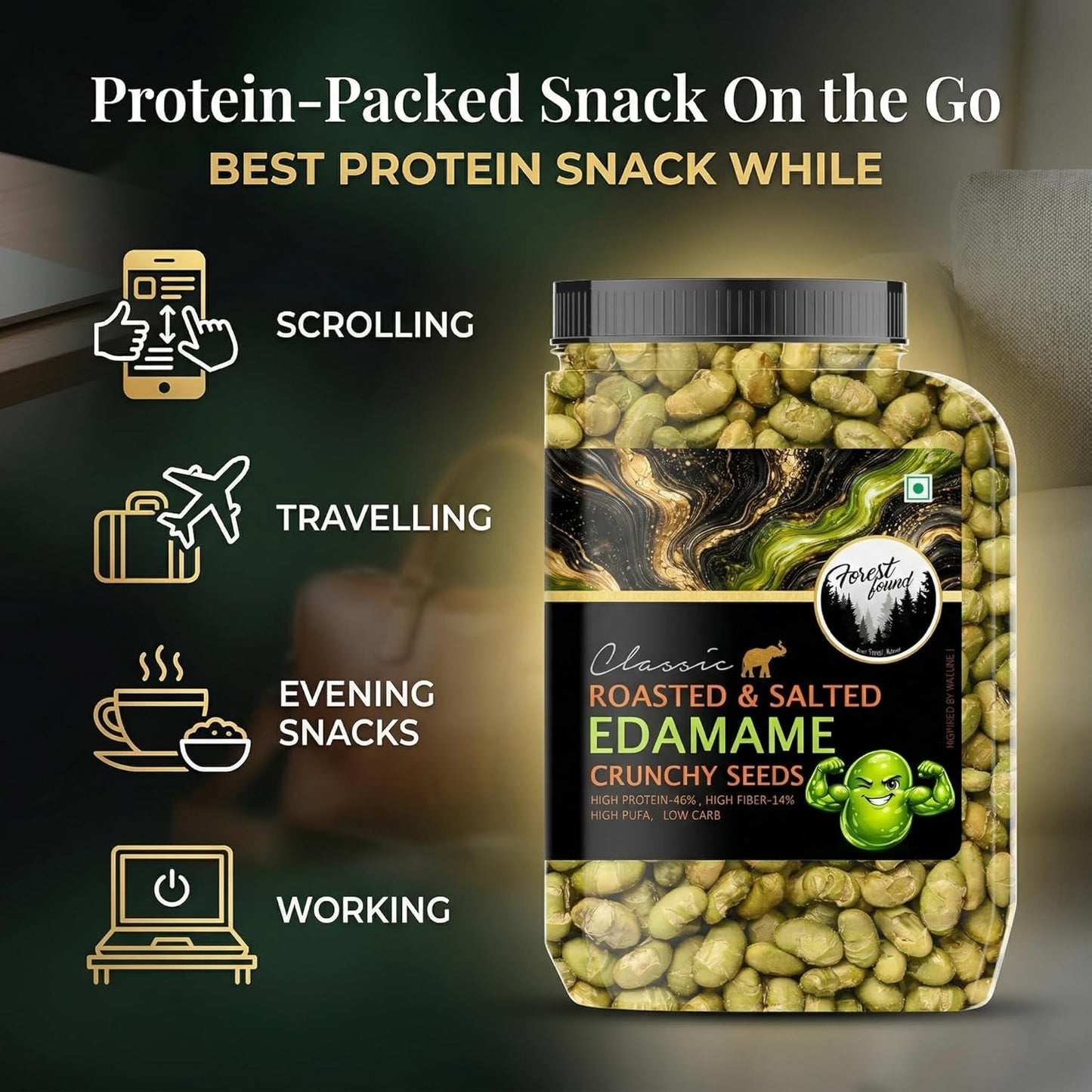 Forest Found Roasted & Salted Edamame (500g) Beans | 46% High Protein & 14% Fiber | Oil-Free Vacuum Roasted Crunchy Seeds | Low Carb, Plant-Based Protein Healthy Snack | Young Green Soybeans