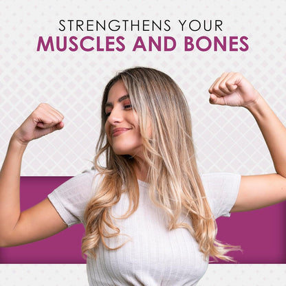 Woman flexing her muscles with text 'Strengthens your muscles and bones' on a light purple background