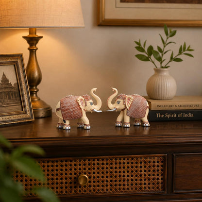 Peach Cream Mini Elephant Showpiece Pair, Car Dashboard, 3 Inch