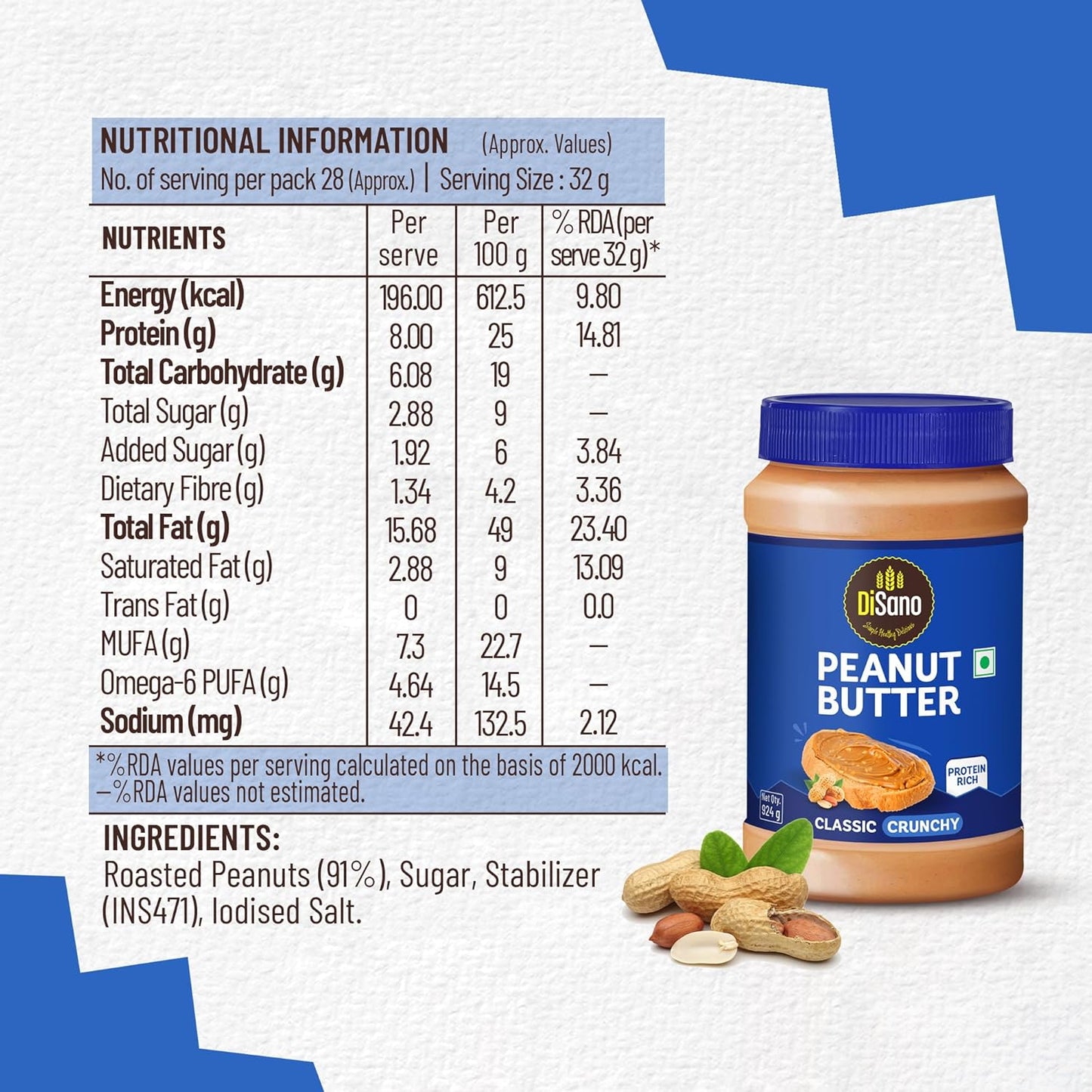 DiSano Classic Peanut Butter Crunchy, 924g, 25g Protein, Roasted Peanuts, Ideal for Pre & Post-Workout, Healthy Spread for Breakfast & Snacking