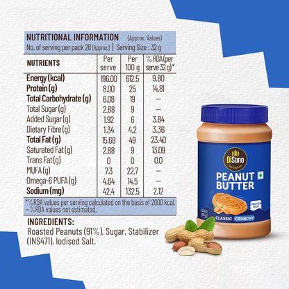 DiSano Classic Peanut Butter Crunchy, 924g, 25g Protein, Roasted Peanuts, Ideal for Pre & Post-Workout, Healthy Spread for Breakfast & Snacking