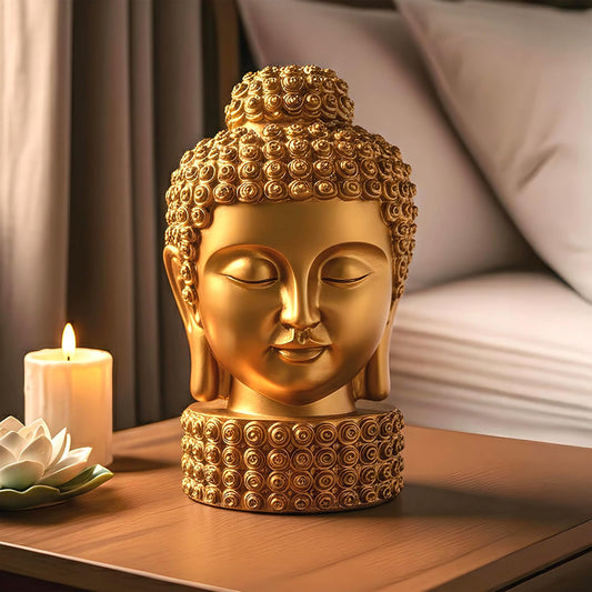 8 Inch Resin Buddha Idols for Home Decor | Head Idol Gautam Buddha Statue Figurines | Table Decoration Items for Living Room and Office | Golden