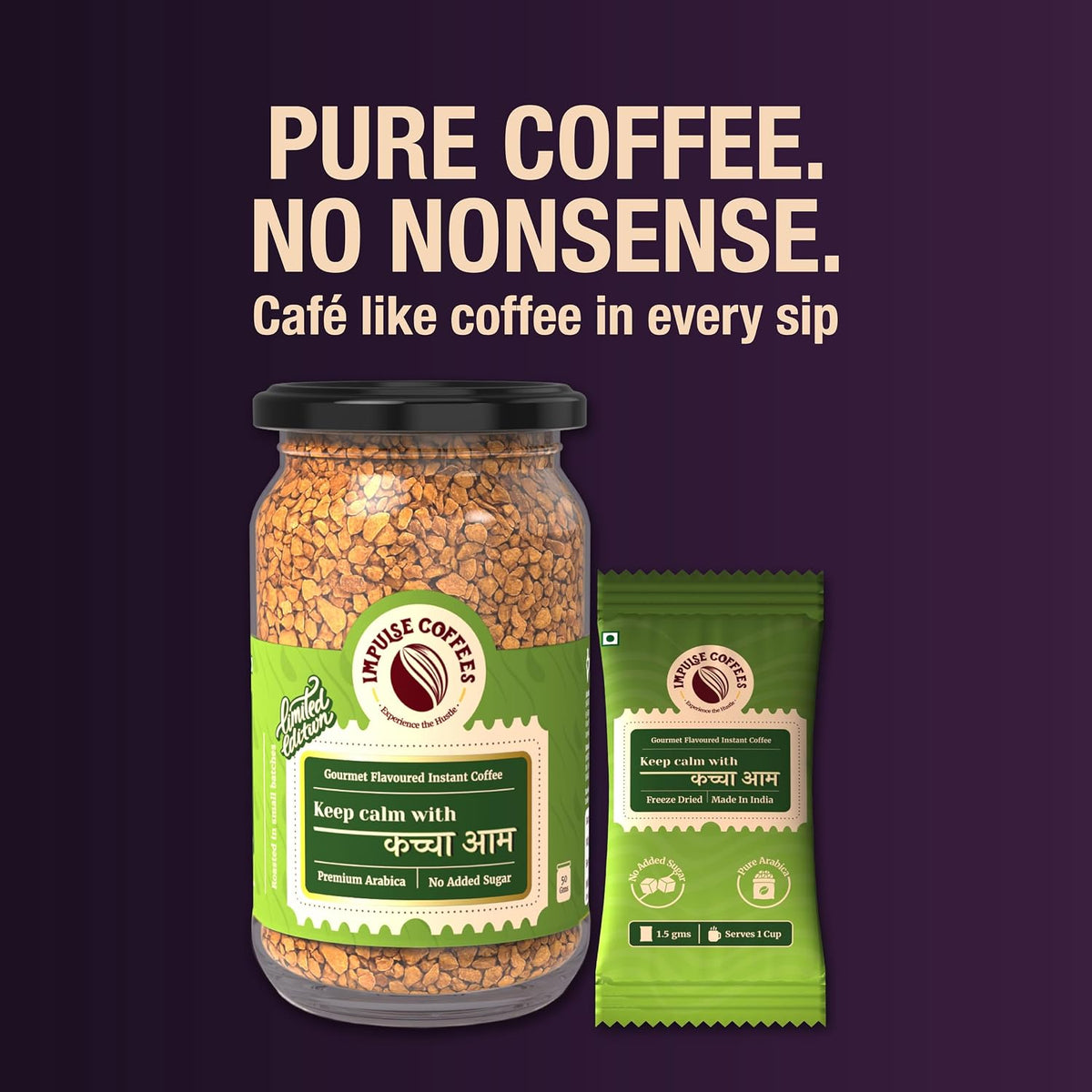 Impulse Coffees Keep Calm With Kaccha Aam Instant Coffee Powder | Raw Mango Flavour, Arabica, Citrusy & Tangy Taste, Hot & Cold Coffee | 50g