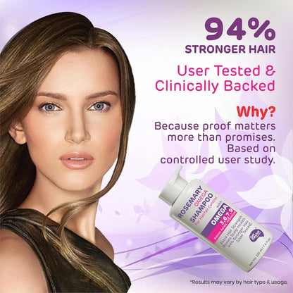 Advertisement for a shampoo product with a woman and shampoo bottle on a purple background