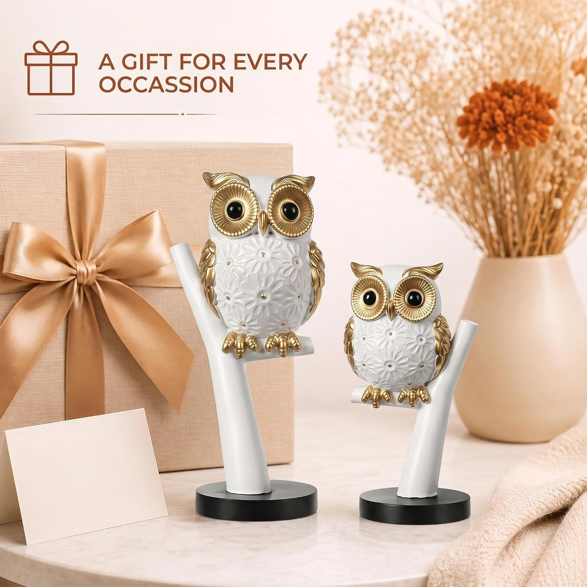 Charming Owl Figurine Set for Home & Office Décor | Handcrafted Modern Showpiece for Living Room, Study, Shelf & Table Styling (White & Gold)