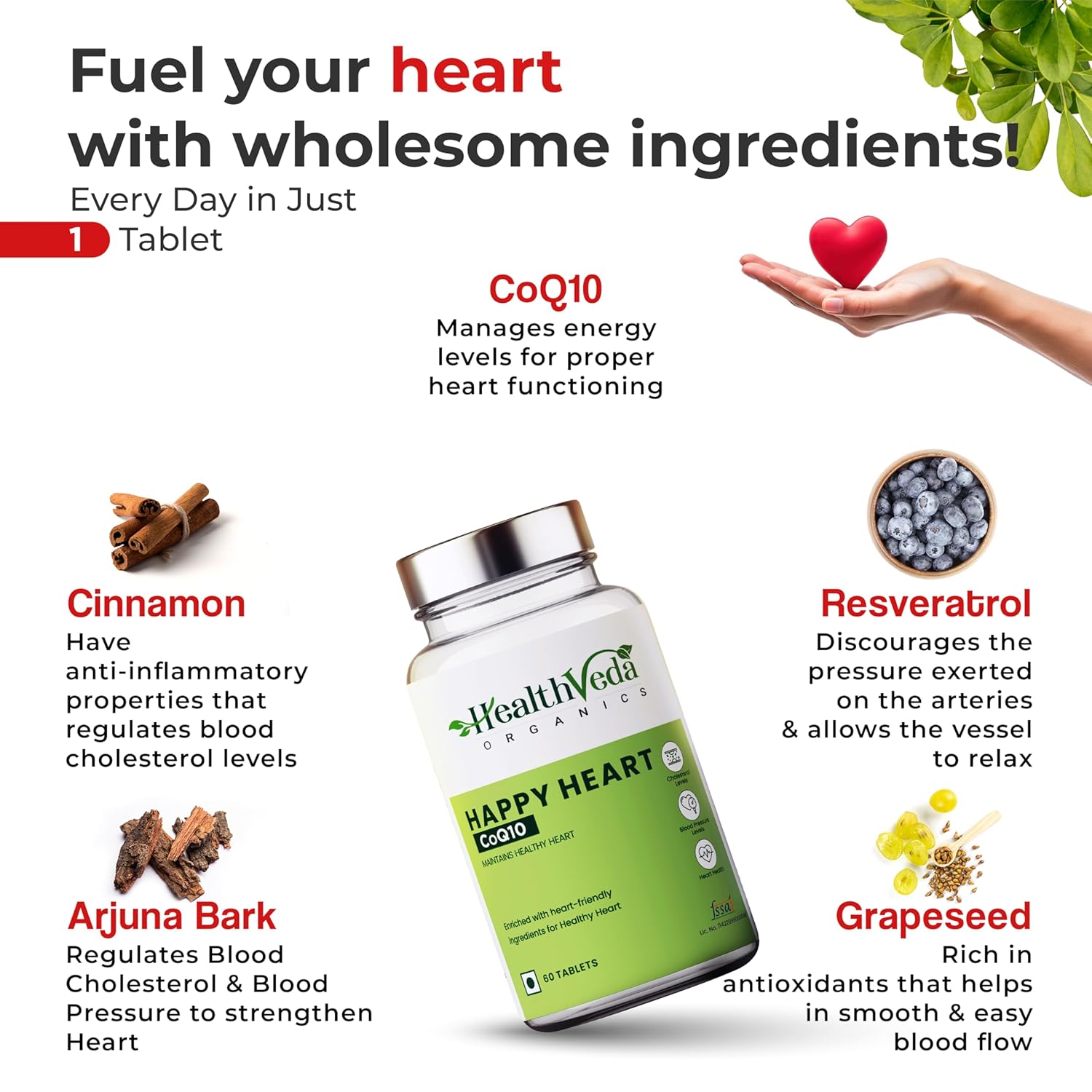 Zephivo HEALTH VEDA ORGANICS PRIVATE LIMITED Happy Heart Supplement With Coq10, Arjuna Bark, Grape Seed | 60 Veg Tablets | Supports Heart Health & Enhances Blood Circulation | For Both Men & Women