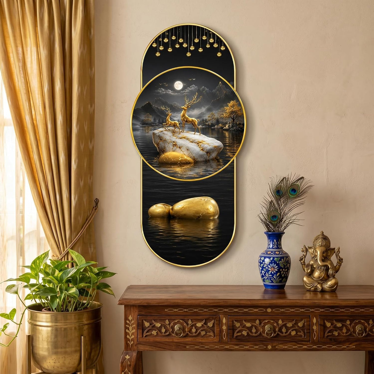 Golden Deer Lake Landscape Wall Painting for Living Room, Dining Room & Bedroom Decor, Black Gold Nature Artwork with Moon & Premium PVC Golden Frame (16 x 35 Inch)
