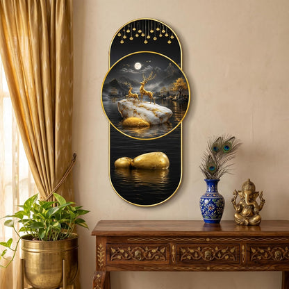 Golden Deer Lake Landscape Wall Painting for Living Room, Dining Room & Bedroom Decor, Black Gold Nature Artwork with Moon & Premium PVC Golden Frame (16 x 35 Inch)