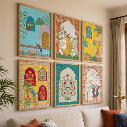 Madhubani & Pichwai Indian Traditional Wall Art Set of 6, Framed Paintings for Living Room, Bedroom & Office Decor, Indian Folk Art Prints, 10x13 Inch
