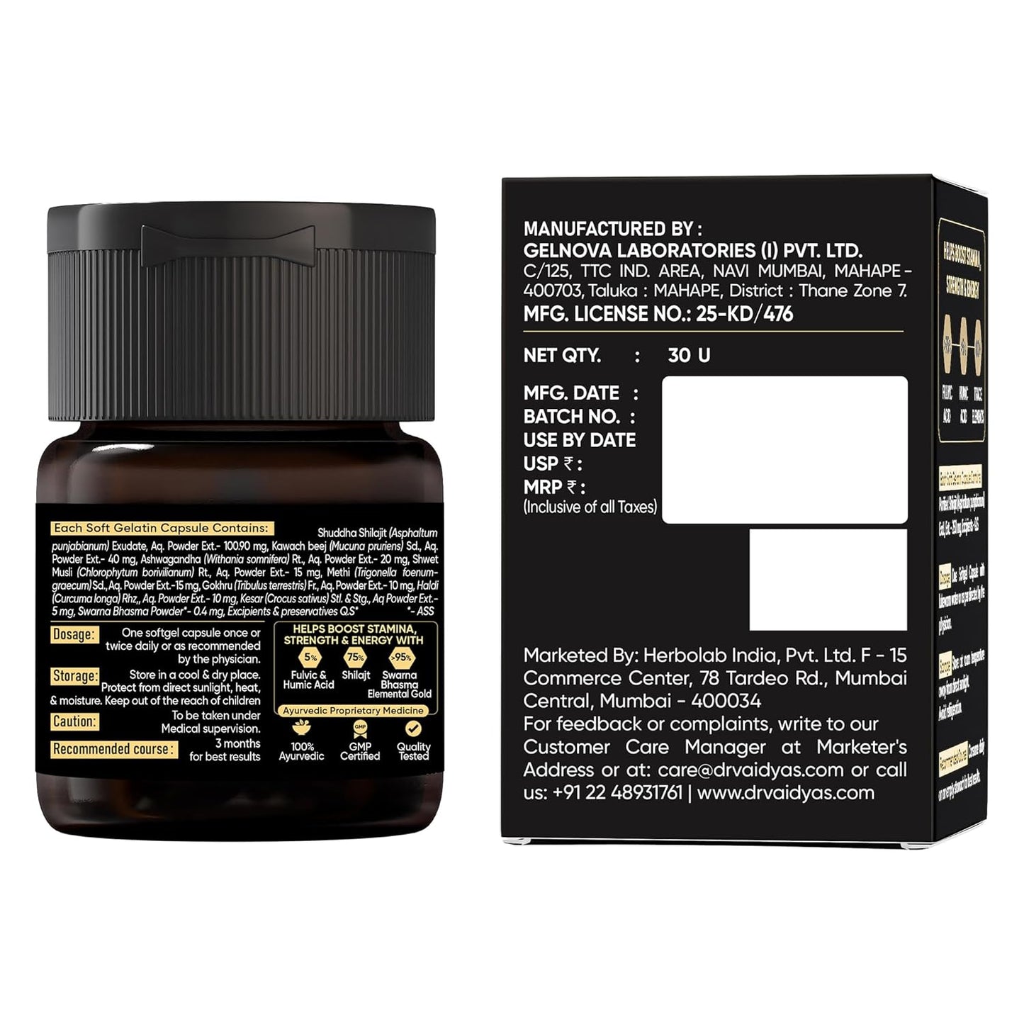 Dr. Vaidya's Herbo24Turbo Shilajit Gold Resin Softgel Capsules | 30 Ayurvedic Capsules for Strength, Stamina & Energy in Men | Enriched with Pure Shilajit for Men & 24K Gold Bhasma