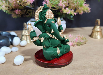 Handcrafted Poly Resin Ganesha Statue with Base - Perfect for Car Dashboard, Office Desk, Shelves, and Home Decor - Ideal Housewarming Gift! (4HandGreenTerracottaMDF)