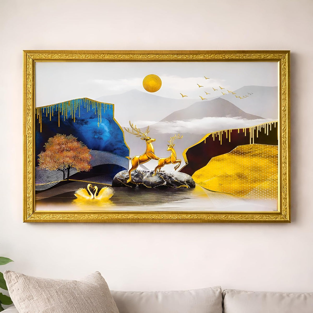 Abstract art Framed Golden Foil 3D Style Landscape Painting | Ready to Hang (14 x 20 inches, Multicolor)