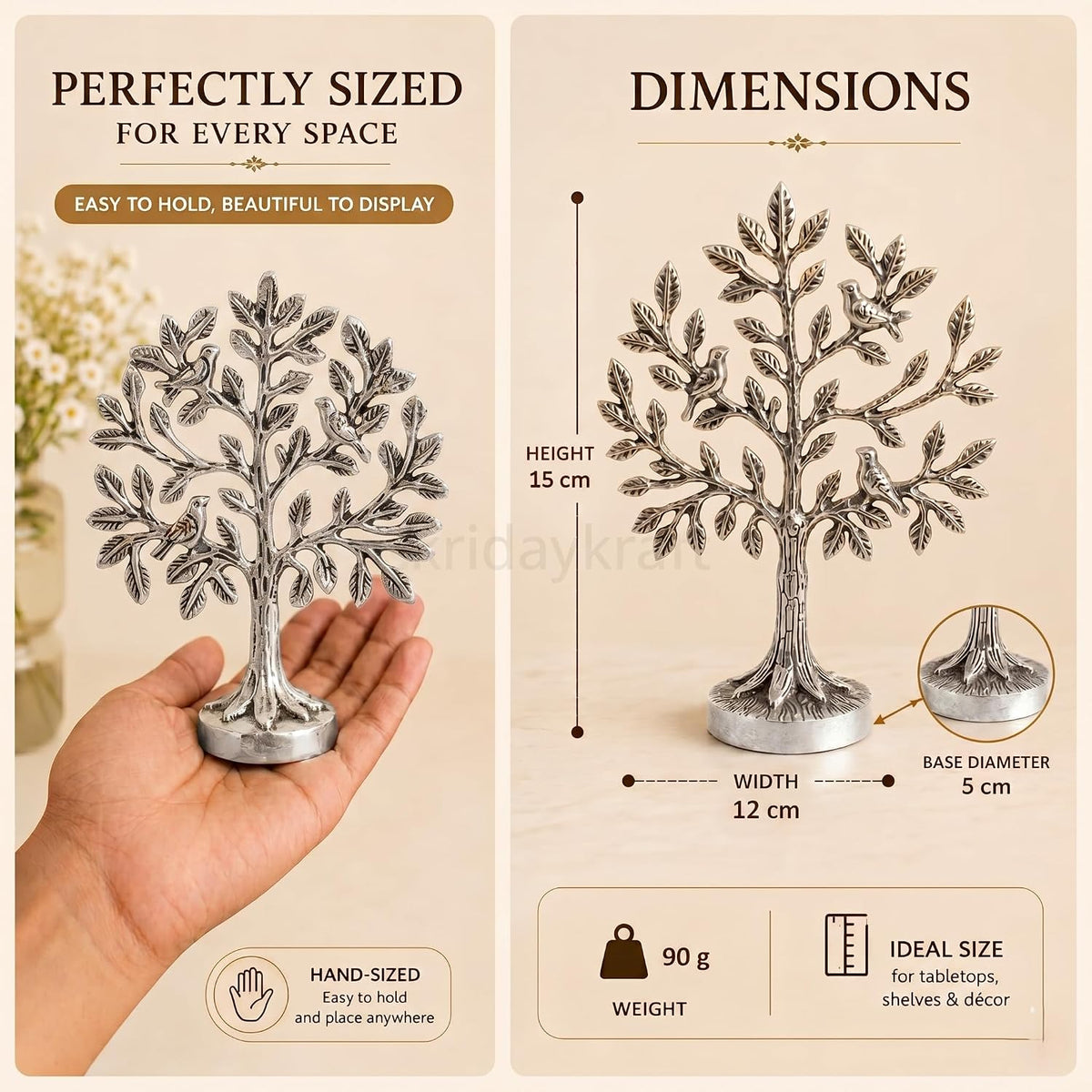 Metal Kalpavriksha Tree for Home Decor - Golden Wish Fulfilling Tree Metal Showpiece for Temple, Vastu, Office Table & Gifting Banyan (No 0 Silver)