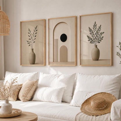 Set of 3 Japandi Botanical Wall Art Paintings, Wooden Frame, 13x19 Inches, for Living Room, Bedroom, Office, and Home Decoration