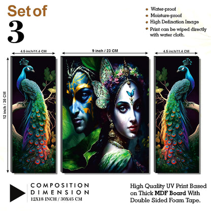 Radha Krishna & Vibrant Peacock Wall Art – 3-Panel UV-Printed Spiritual Forest Triptych | Ready-to-Hang Home & Pooja Décor (20 Inch x 12 Inch) JM-35289