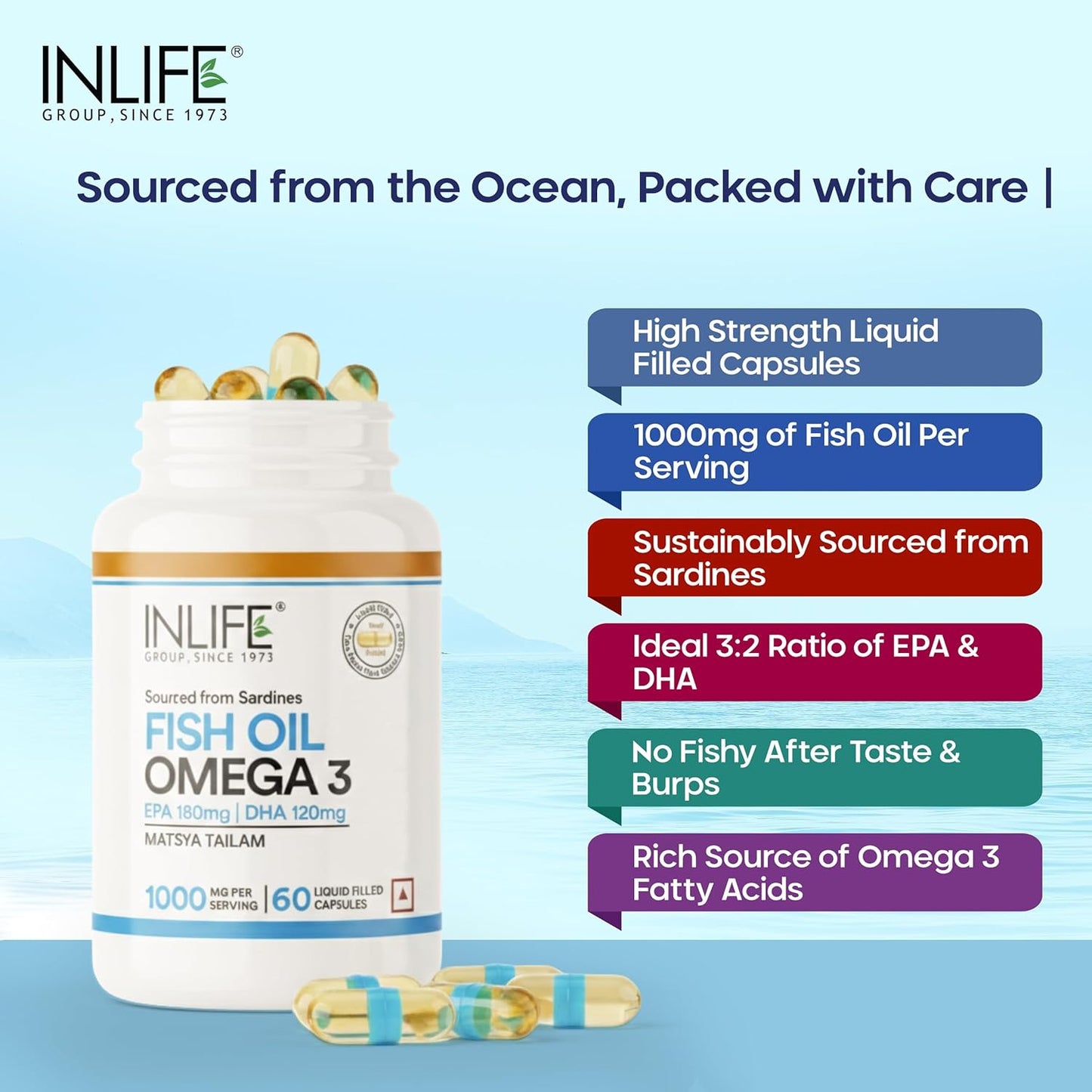 INLIFE Fish Oil Capsules Omega 3 1000mg | 180mg EPA & 120mg DHA | Supports Brain, Heart, Joint & Eye Health - 60 Liquid Filled Capsules