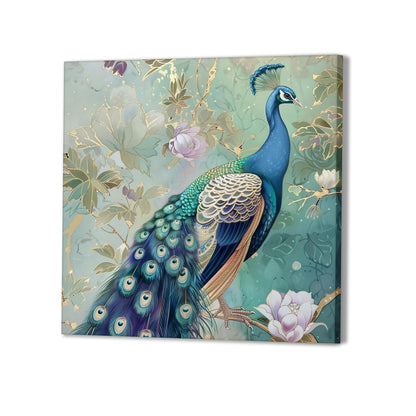 Elegant Peacock Artwork Stretched Canvas Painting for Living Room | Bird Nature Painting Wall Décor Art For Livingroom, Bedroom, Office, Hallways - 16x16 Inch