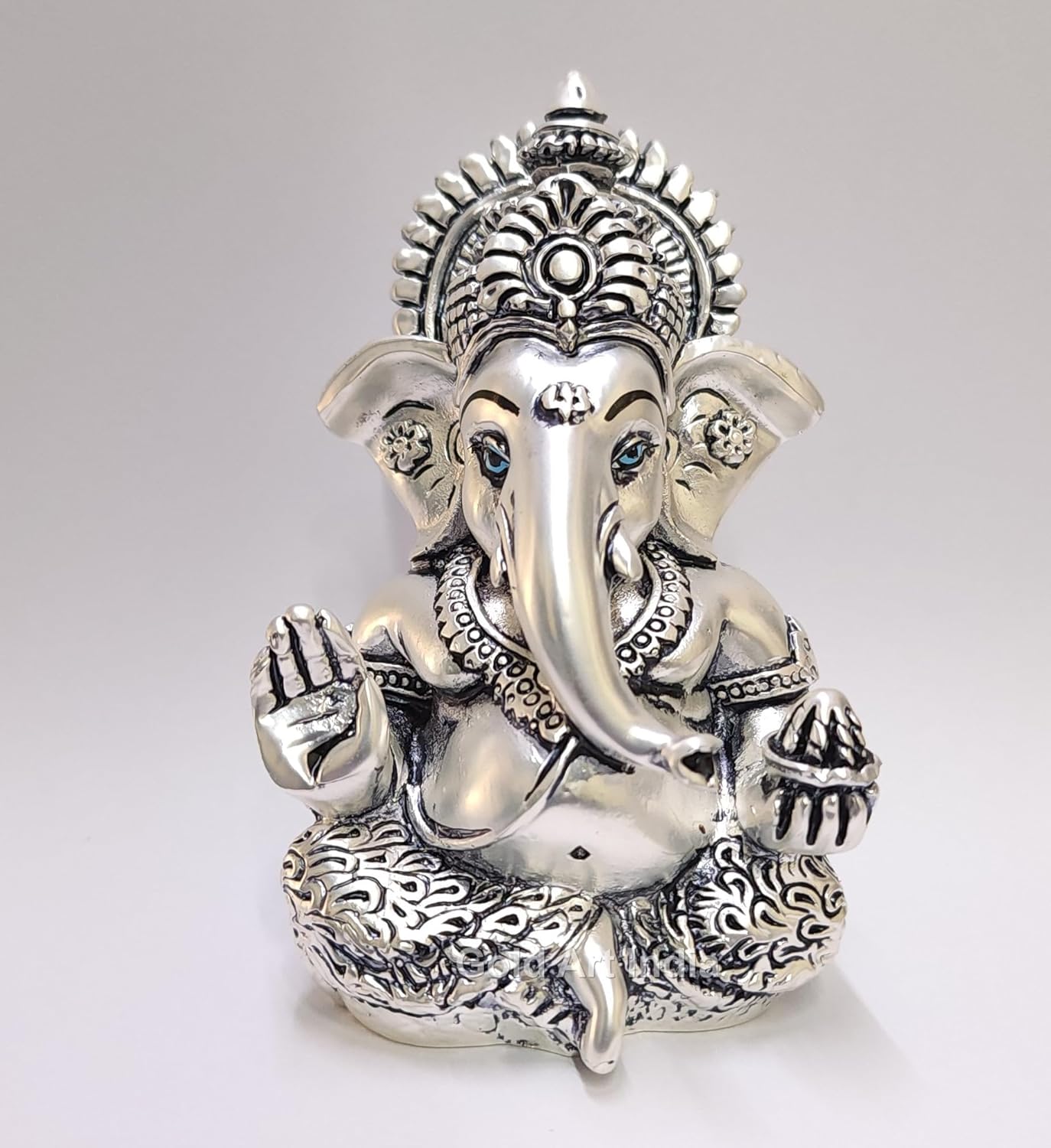 Gold Art India 999 Matte Silver Plated Antique Mukut Ganesha - 3.5" - Perfect for Gifting, Home Decor, Car Dashboard Murti Ganpati Idol for Home Decor Puja Statue Gift for Office Desk Puja Room, God