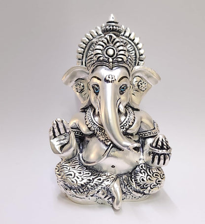 Gold Art India 999 Matte Silver Plated Antique Mukut Ganesha - 3.5" - Perfect for Gifting, Home Decor, Car Dashboard Murti Ganpati Idol for Home Decor Puja Statue Gift for Office Desk Puja Room, God