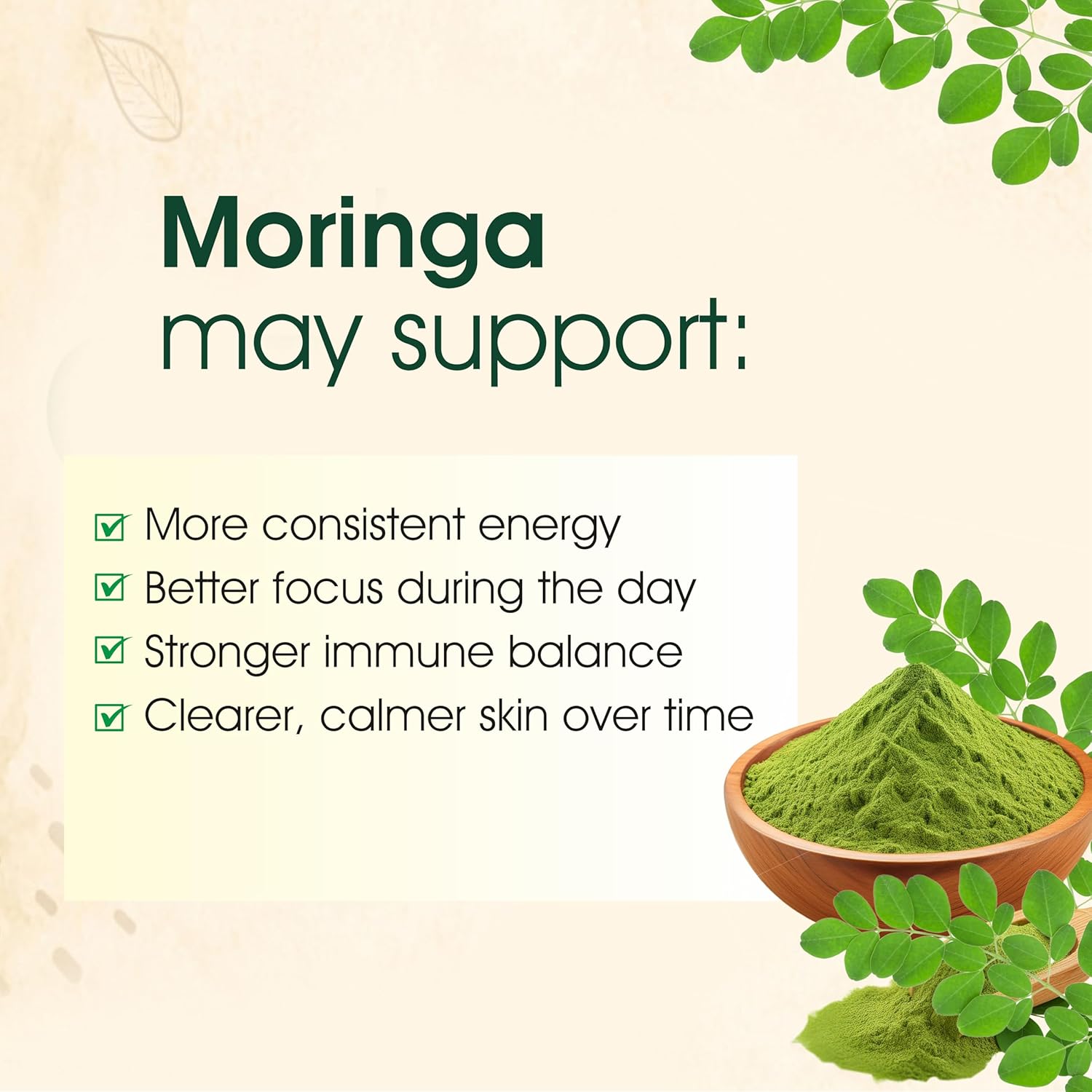 Moringa powder in a wooden bowl with leaves on a beige background, featuring text about health benefits.