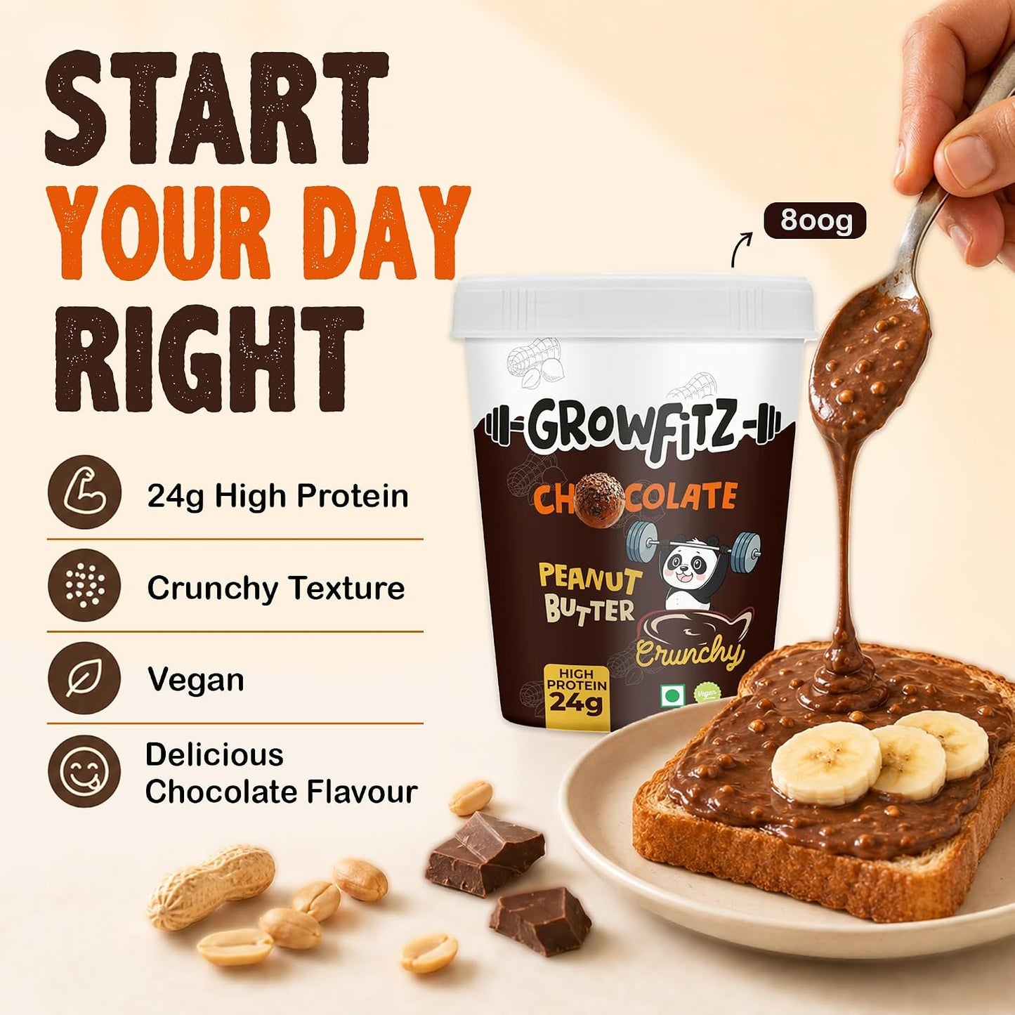 Growfitz CHOCO LAVA Peanut Butter | Indulgent Chocolate Taste | 24 g High Protein | Crunchy Peanut Butter Spread | No Palm Oil | No Added Sugar | Protein Rich, 800g - Pack of 1