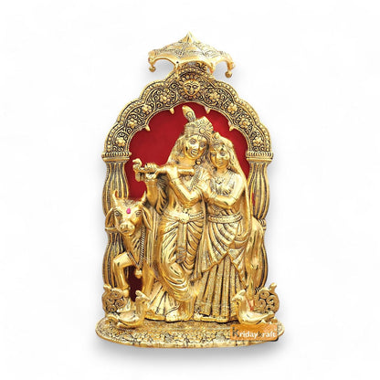 KridayKraft Metal Radha Krishna Idol with Cow Decorative Showpiece Statue for Puja Room Home Office Desk Gift Items Ornate Metal Sculpture of Hindu Deities (Height 33 CM)