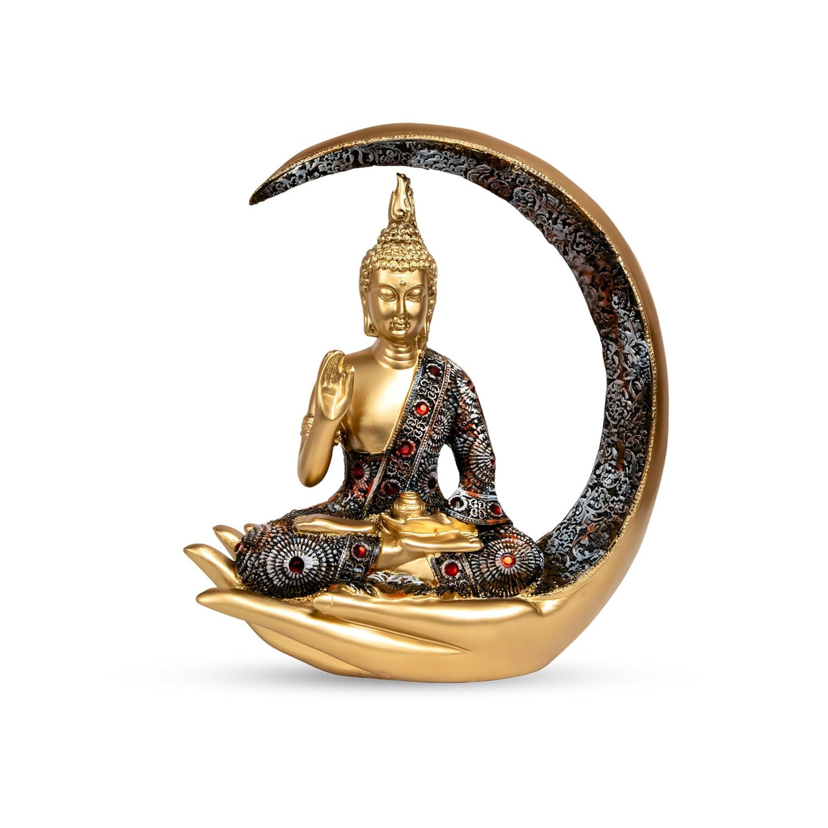 10 Inches 3D Resin Lucky Golden Crescent Moon Meditating Buddha Statue | Lord Gautam Buddha Idol for Home Decor, Living Room, Office & Gifting