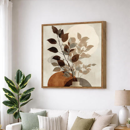 Abstract Vase Leaf Framed Painting For Living Room | Modern Botanical Large Canvas Painting With Frame Wall Art For Bedroom, Hallway's, Office, Hotel, Size 58x58 cm