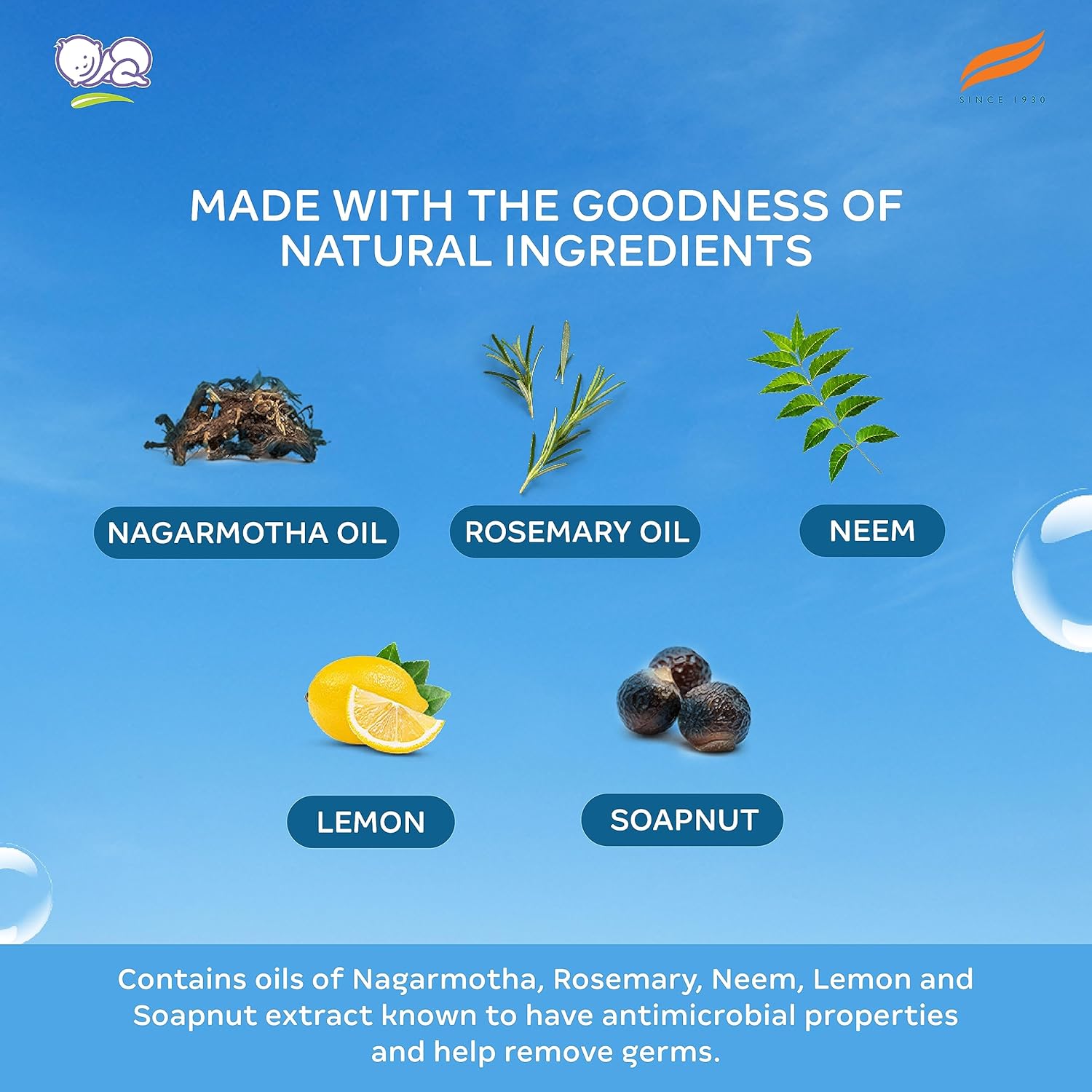 Product packaging with natural ingredients like nagarmotha oil, rosemary, neem, lemon, and soapnut on a blue background.