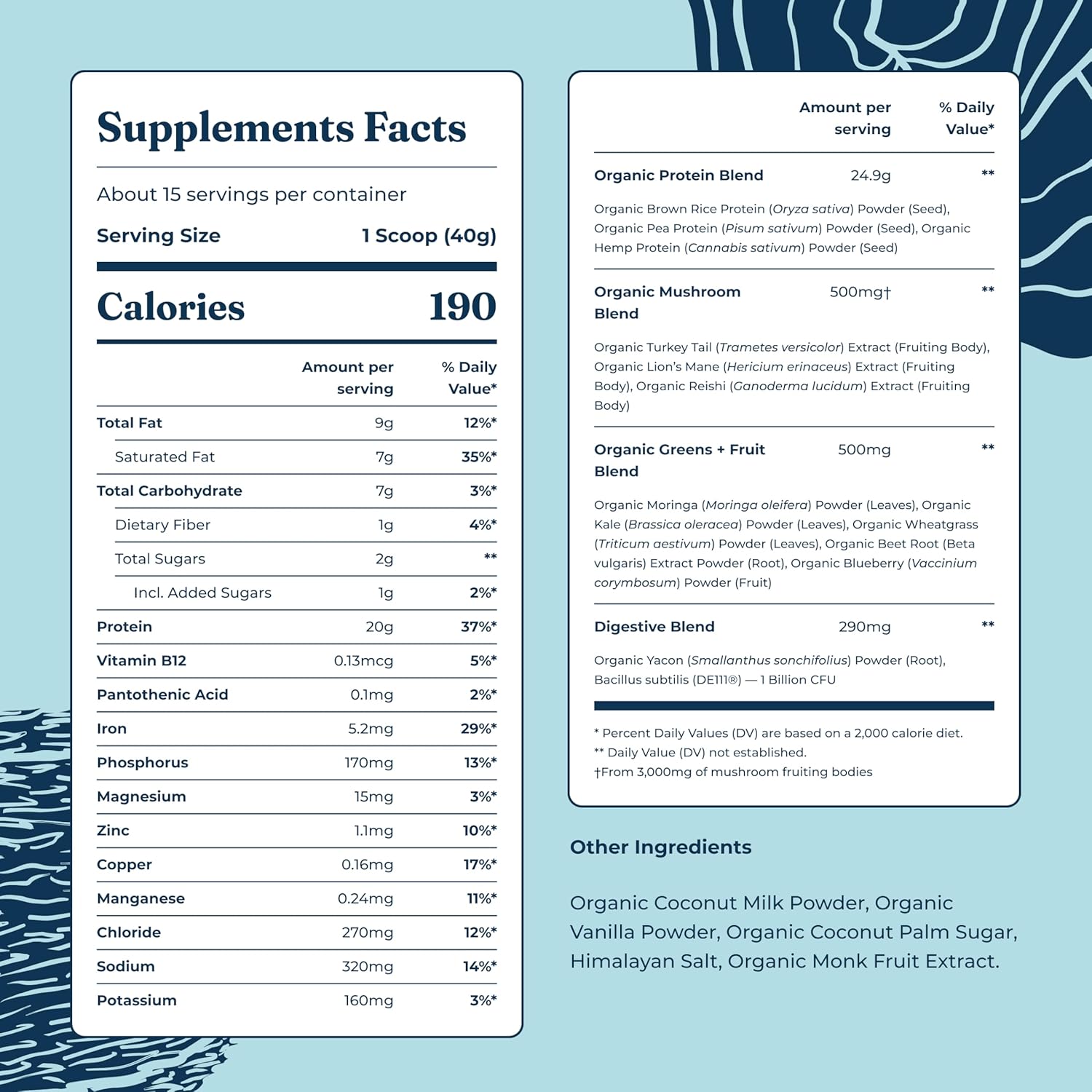 Supplement facts label with detailed nutritional information on a blue background