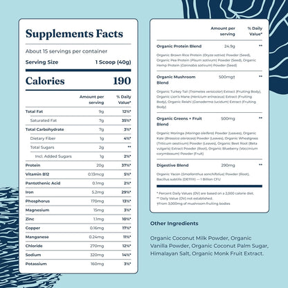 Supplement facts label with detailed nutritional information on a blue background