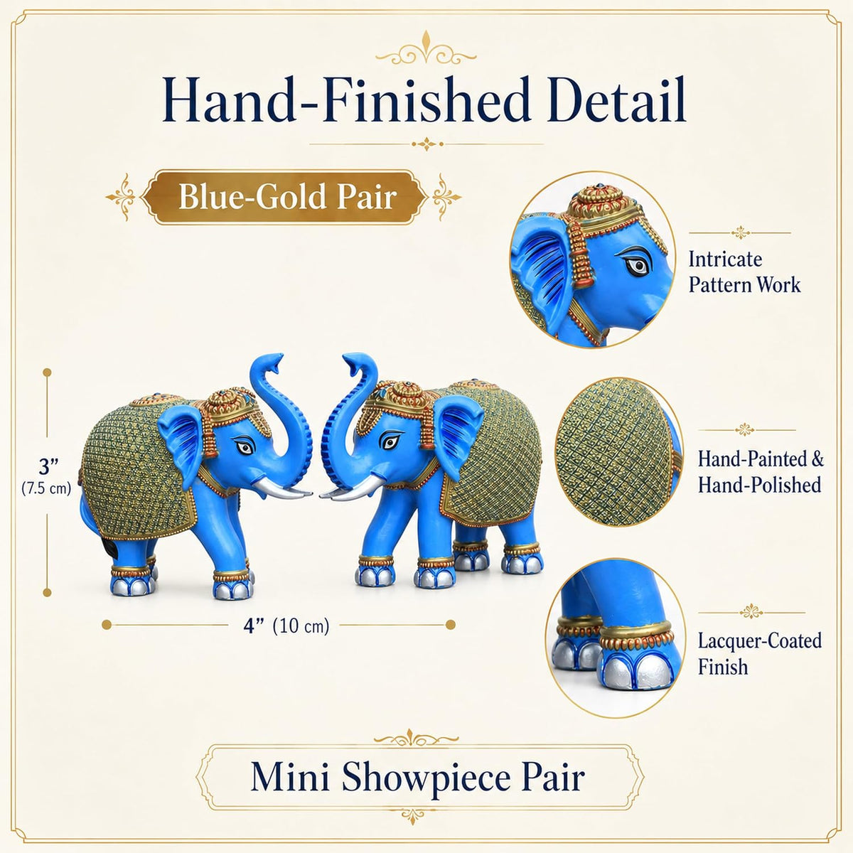 Blue Gold Mini Elephant Showpiece Pair, Car Dashboard, 3 Inch