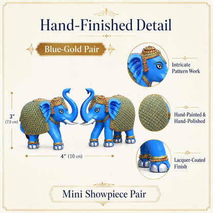 Blue Gold Mini Elephant Showpiece Pair, Car Dashboard, 3 Inch