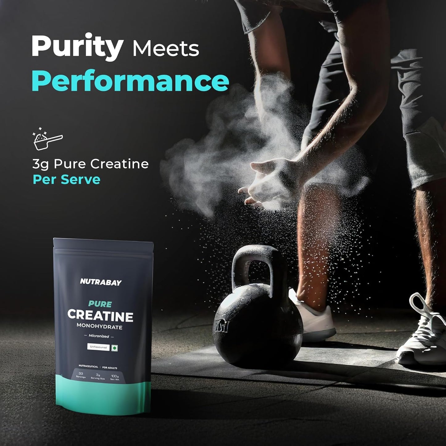 Nutrabay Pure Micronised Creatine Monohydrate Powder 3000 mg/Serving – Pre/Post Workout Supplement for Muscle Gain & Recovery |33 Servings – 100g, Unflavoured | Trustified Certified | 100% Authentic