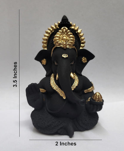 Gold Art India Terracotta Black Ganesh Idol for Car Dashboard Small Ganesha Murti Ganpati Idol for Home Decor Puja Lord Ganesh Statue Gift for Office Desk Puja Room Figurine 3.5 X 2 Inches, Idol
