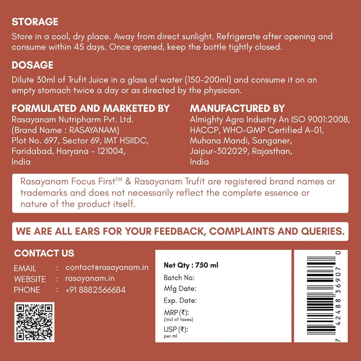 Product label with storage, dosage, and contact information on a red background