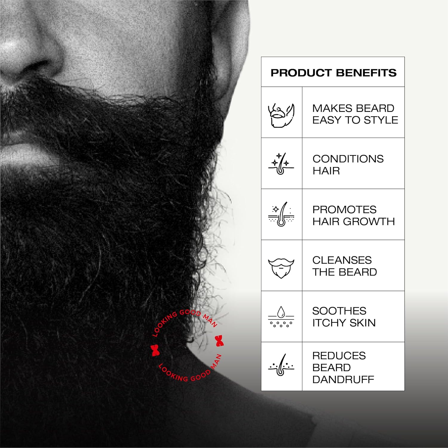 Close-up of a bearded man with product benefits listed on the right.