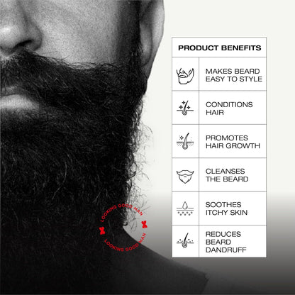 Close-up of a bearded man with product benefits listed on the right.