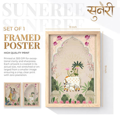 Pichwai Radha Krishna Kamdhenu Cow Wall Art Painting | Set of 2 Framed Paintings | Traditional Indian Decor for Living Room Pooja Room Home | (ART 3, 13x19 INCHES)