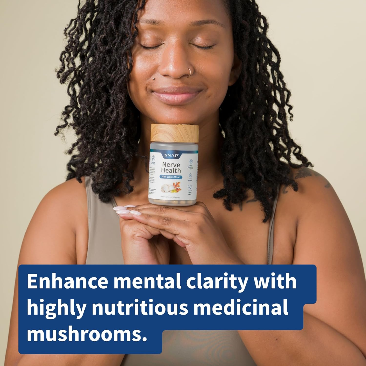 Woman holding a bottle labeled 'Nerve Health' with text promoting its benefits on a beige background