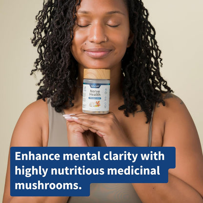 Woman holding a bottle labeled 'Nerve Health' with text promoting its benefits on a beige background