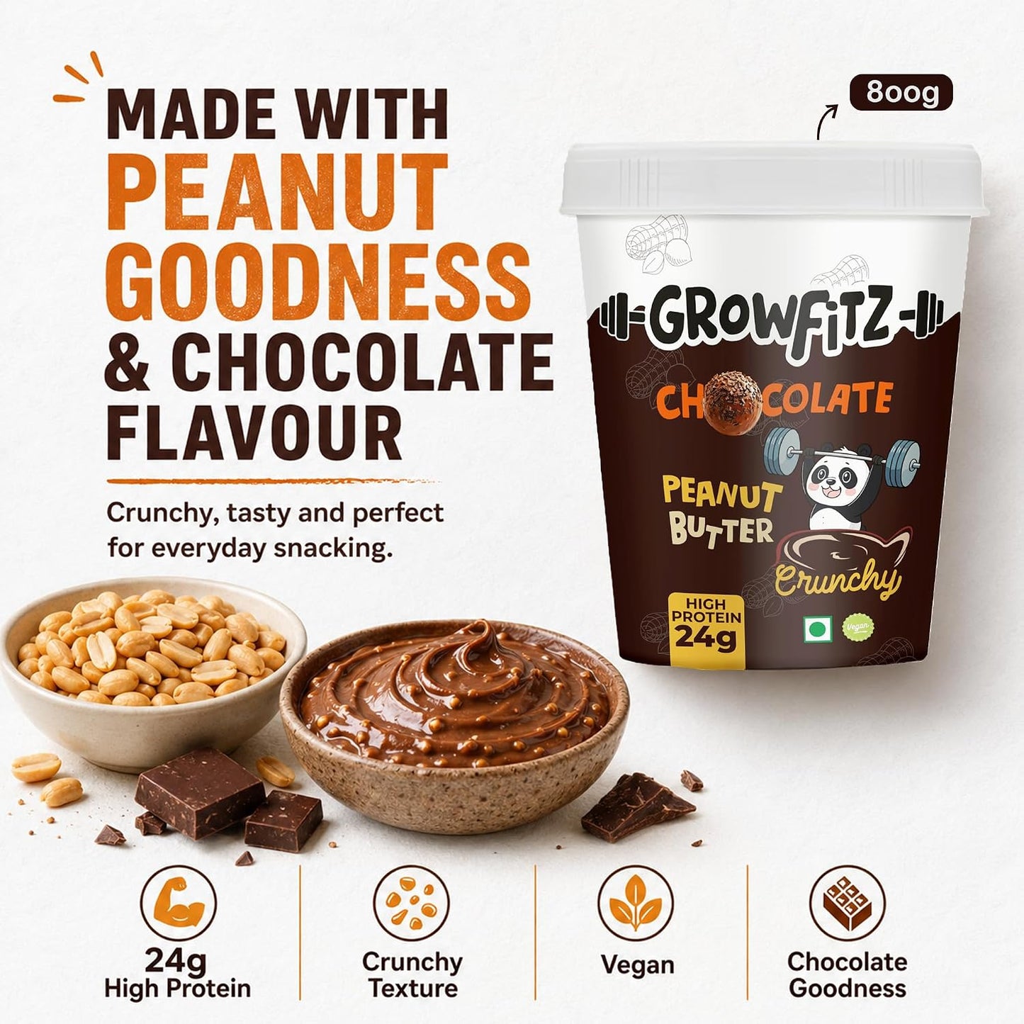 Growfitz CHOCO LAVA Peanut Butter | Indulgent Chocolate Taste | 24 g High Protein | Crunchy Peanut Butter Spread | No Palm Oil | No Added Sugar | Protein Rich, 800g - Pack of 1