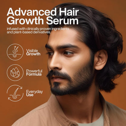 Advertisement for advanced hair growth serum with a man and product features on an orange background
