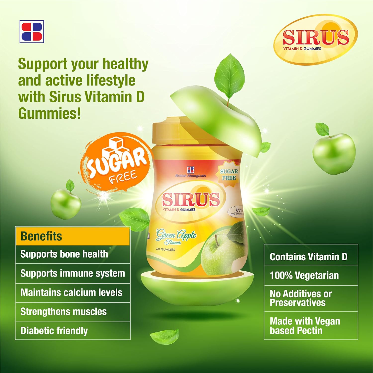 Advertisement for Sirius Vitamin D Gummies with green apples and product details on a green background