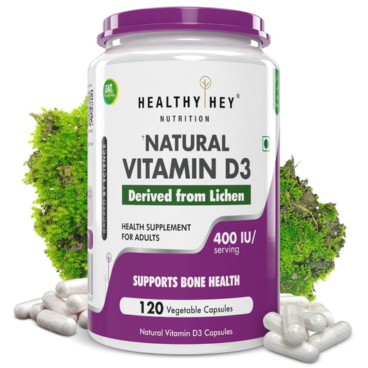Vitamin D3 supplement container with greenery on a white background