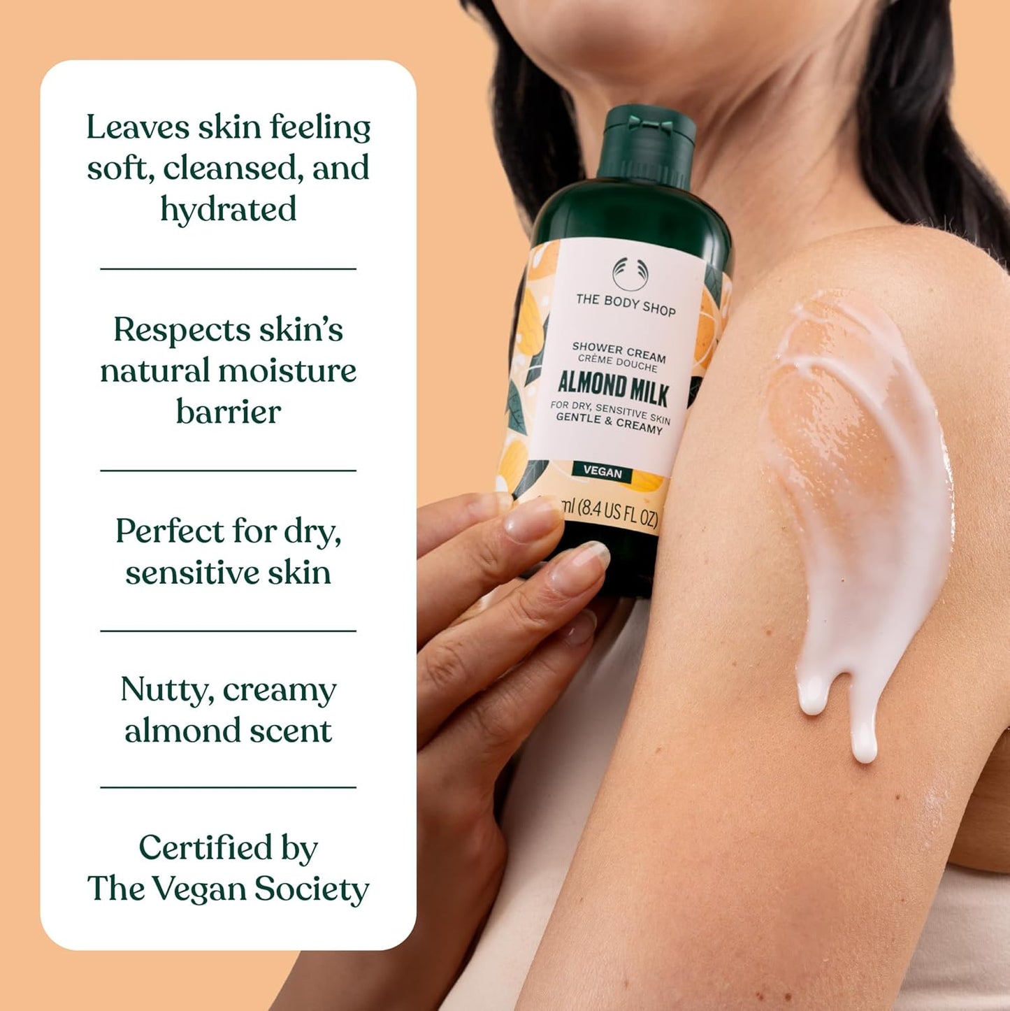 The Body Shop Almond Milk Soothing & Caring Shower Cream, 250 ML - Dry, Sensitive Skin | Cleanse, Help Soften & Comfort |Vegan