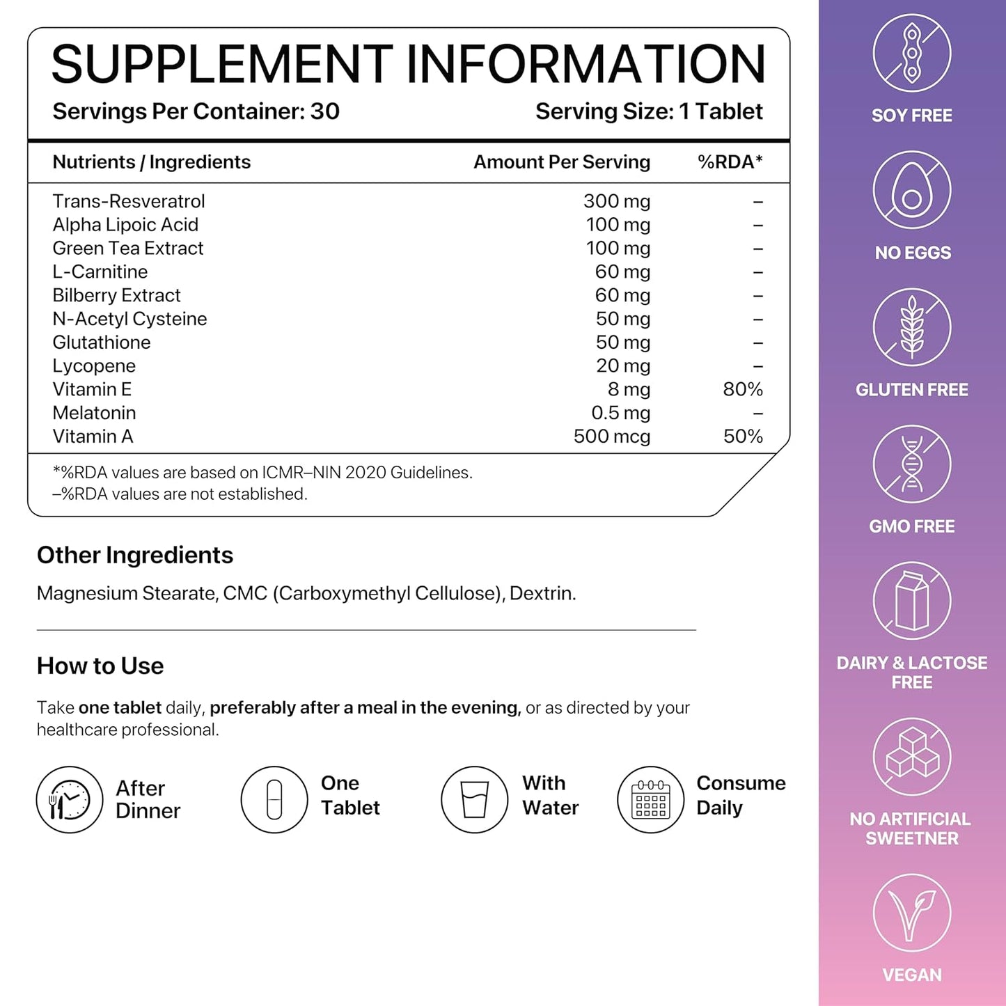 Supplement information label with nutritional details and free-from icons on a white background.